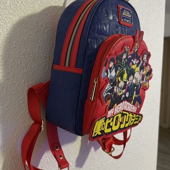 NEW-Loungefly- My Hero Academia Group Debossed Logo Mini Backpack Anime-blue/red - Picture 5 of 8